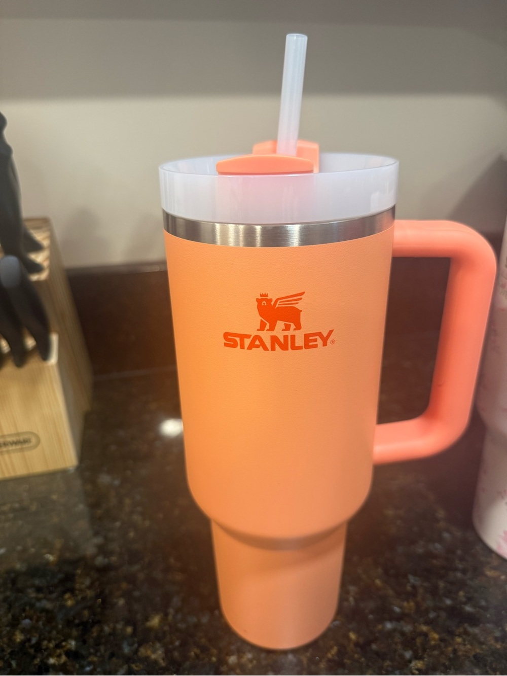Stanley Coral Orange Insulated Travel Mug with Handle and Straw